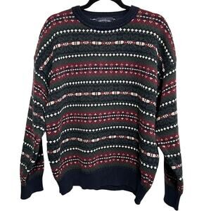 Woods & Gray Vtg Geometric Pattern Knit Sweater Mens XL Navy Burgundy Cotton 90s